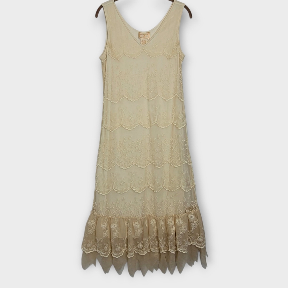 Vtg April Cornell Lace Tulle Midi Dress S/M Ivory Victorian Gatsby Fairy Wedding